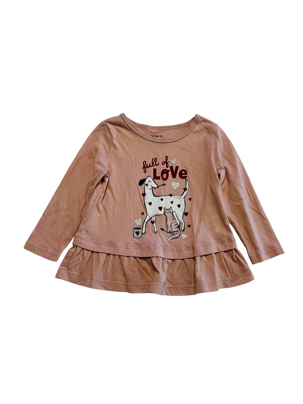 Carter's baby girls 18M Pink 'Full of Love' Dog & Cat Ruffle Hem Long Sleeve Top